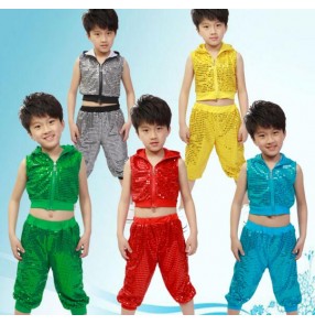 Black red green yellow gold turquoise sequined boys girls modern dance stage performance school play hip hop jazz dance outfits costumes with hats